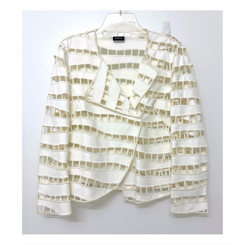 Akris Open Illusion Grid Jacket White Wavy Stripe Square Grid Cutout 10